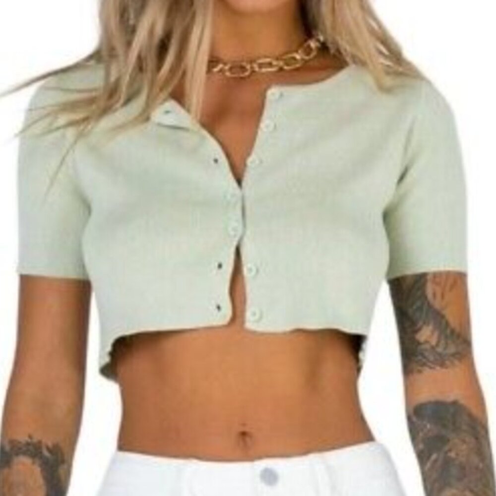Princess Polly Green Sweater Short Sleeve Crop Top